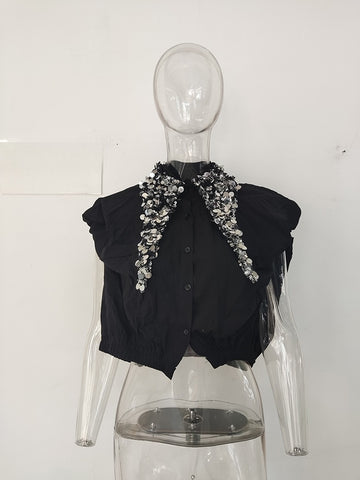 Sequin turn down collar shirt (Black)
