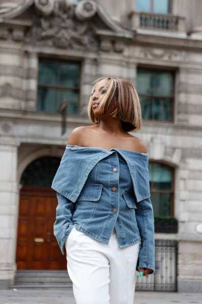 トップス M me eme Ruffle off shoulder denim tops トップス M me eme Ruffle off shoulder denim tops M me eme／Ruffle