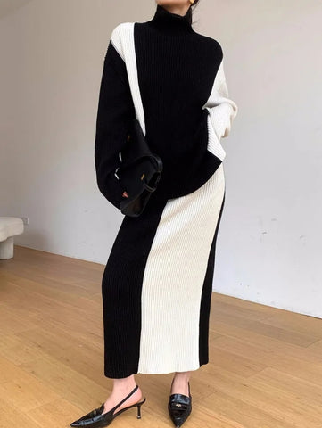 2 tone 2 pc high neck knitted set