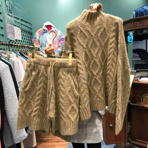 2 piece turtle neck knit set (Khaki)