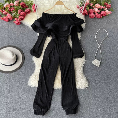 Ruched ruffles JUMPSUIT (elasticated cold shoulder)