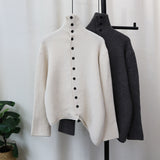 Irregular assymetric high neck buttoned down knit ( Cream)