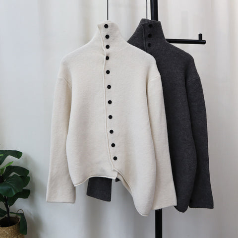 Irregular assymetric high neck buttoned down knit ( Cream)