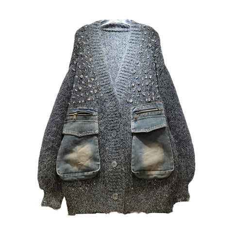 Denim pocket knit with diamonte