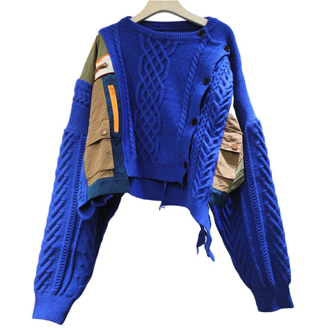 Patchwork irregular cardigan (Blue)