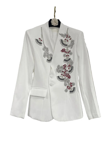 Crystal flowered embroidered blazer (white)