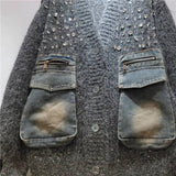 Denim pocket knit with diamonte