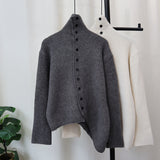 Irregular assymetric high neck buttoned down knit ( Grey)