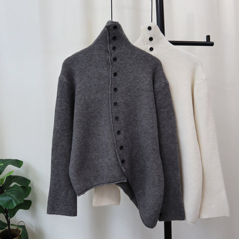 Irregular assymetric high neck buttoned down knit ( Grey)