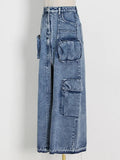 High waisted denim skirt with front slits