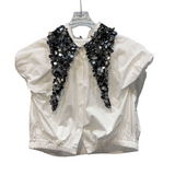 Sequin turn down collar shirt (White)