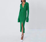 Knitted front split dress with funnel sleeves - Green