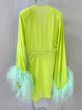 Fluroscent green feather padded dress