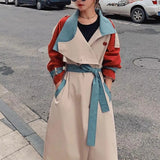 Stylish autumn patchwork hit colour trench coat (red + sky blue)