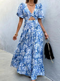 floral blue backless summer dress