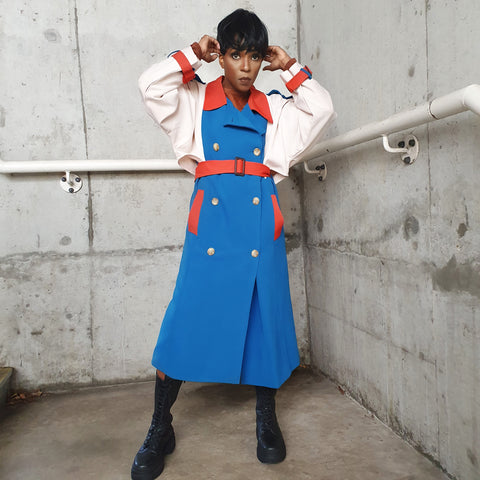 Stylish Autumn patchwork style hit colour trench coat (Royal blue and Coral red)