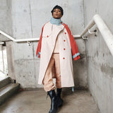 Stylish autumn patchwork hit colour trench coat (red + sky blue)