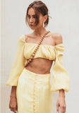 Lemons & Lemonade 🍋 high waist button down maxi skirt and chic off shoulder boat neck  bra blouse
