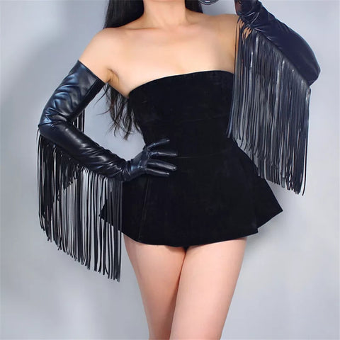 Leather PU 28 inches black extra long tassel gloves