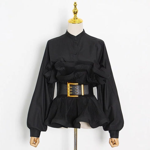 Spring ruffled shirt with belt (black)