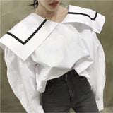 We love ♥️ Big lapel block stripe print puff sleeves loose top