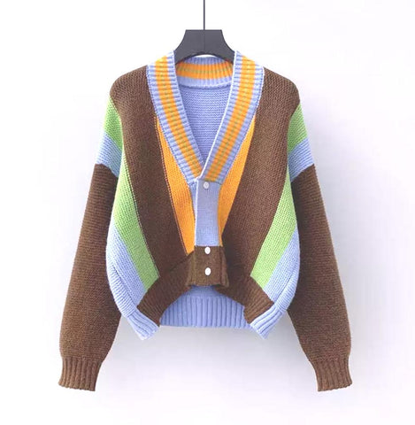 Knitted colour block sweater - Brown multi
