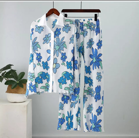 Summer floral pleated set (White)